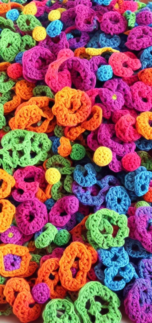 Prompt: multicolored crocheted party