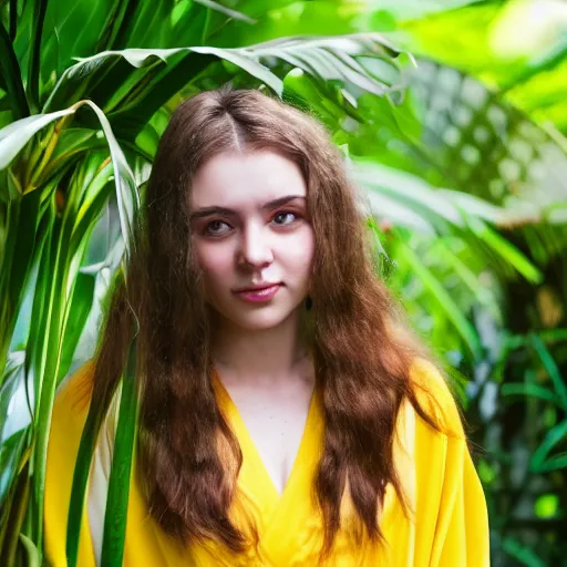 Prompt: photo portrait of the face of a young russian woman wearing a yellow kimono in a tropical greenhouse