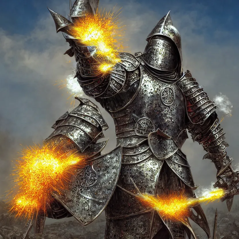 Image similar to hyper realistic matte painting of a medieval fantasy knight in a t - pose exploding into colorful metal shrapnel, octane render by alex grey