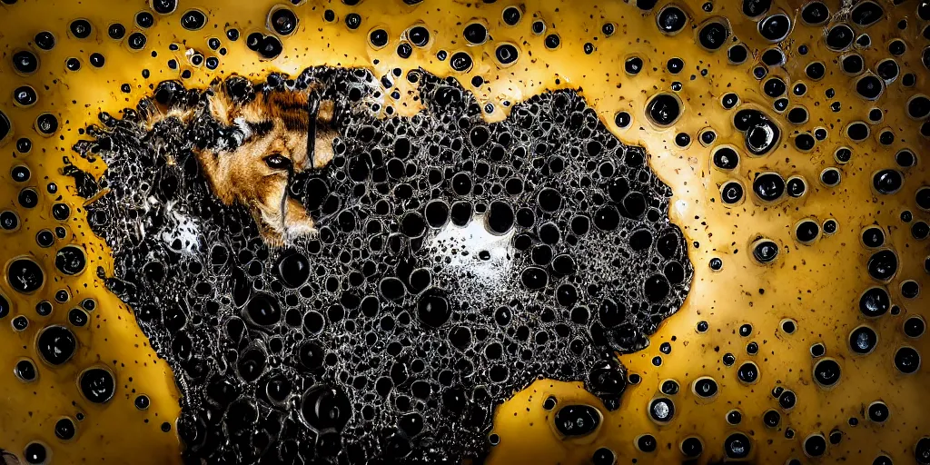 Image similar to a lioness made of ferrofluid bathing inside the bathtub full of ferrofluid on a photography studio, dripping and drooling ferrofluid. dslr, wrinkles, ferrofluid, photography