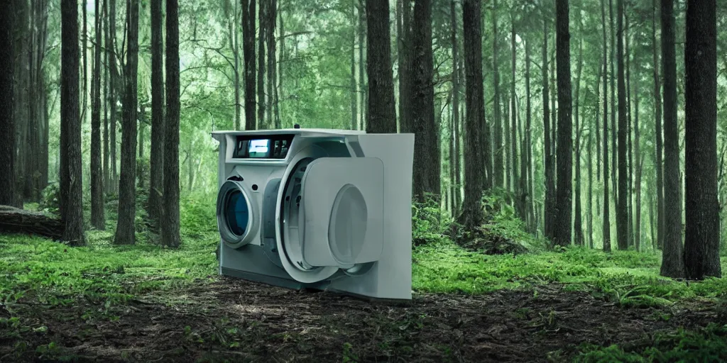 Prompt: futuristic washing machine in a timber forest, spring, cinematic lighting, shot on arri alexa