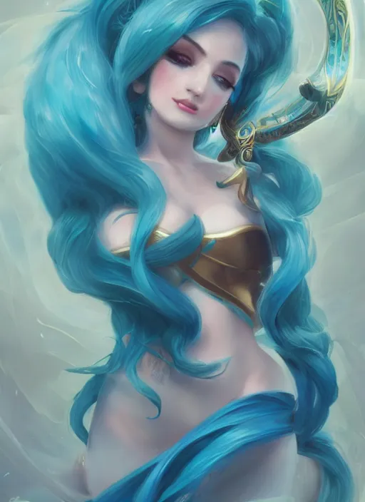Prompt: elegant sona, from league of legends, with an harp, light blue hair, hyper detailed, digital art, trending in artstation, cinematic lighting, studio quality, smooth render, unreal engine 5 rendered, octane rendered, art style by klimt and nixeu and ian sprigger and wlop and krenz cushart