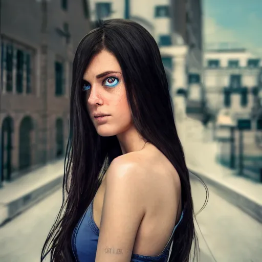 Prompt: album cover, girl with blue eyes, long dark hair, turned head to face camera from behind, 8K, volumetric lighting, highly detailed, immaculate scale, hyper-realistic