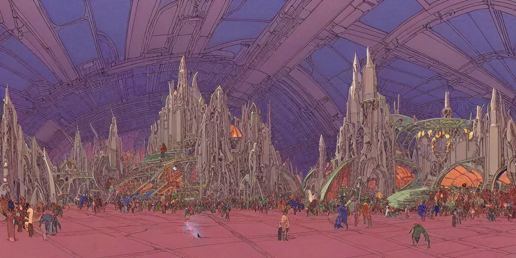 Image similar to cel shaded cinematic shot of the interior of a sci-fi space station with ornate Elven architecture bustling with people, epic castle, emerald, crystalline, detailed illustration, sharp focus, crisp lines, art by Moebius!!!, Jean Giraud Moebius!!! comic illustration