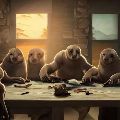Image similar to a group of seals pups sitting around a table, playing dnd, cinematic lighting, trending on artstation, focused, detailed