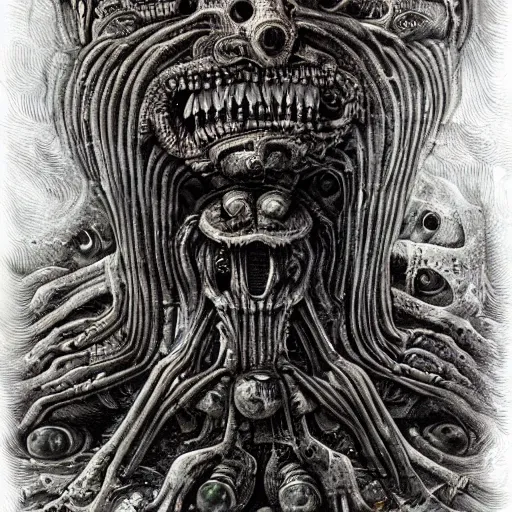 Image similar to monsters consumed transformed transmutation in a fiery alchemical cauldron painted by giger