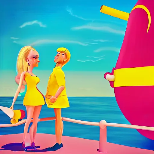 Image similar to ken and barbie having cake by the ocean on a yellow submarine - digital art