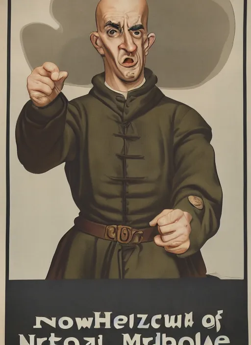 Image similar to portrait of glamorous bald medieval man with big nose and annoyed gesture,look of hate, threatening pose, 1940s propaganda poster, full hd,highly detailed