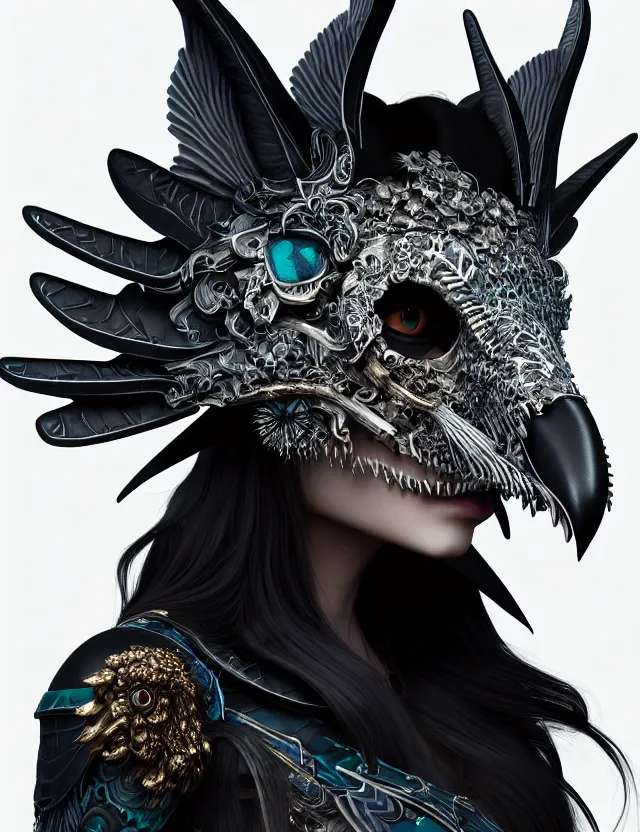 Image similar to 3 d goddess close - up profile portrait with raven skull. beautiful intricately detailed avante garde wolf mask and futurepunk outfit. neon moths, bio luminescent, frost, splash,, creature, artwork by tooth wu and wlop and beeple and greg rutkowski