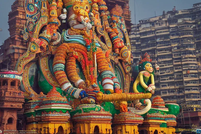 Prompt: high quality photo dreamscape! mumbai with biomorphic hanuman!! head building, kalighat, octane highly detailed, cinematic smooth, stephen shore & john j. park, soft morning light, wide shot, high angle, uhd 8 k, deep focus