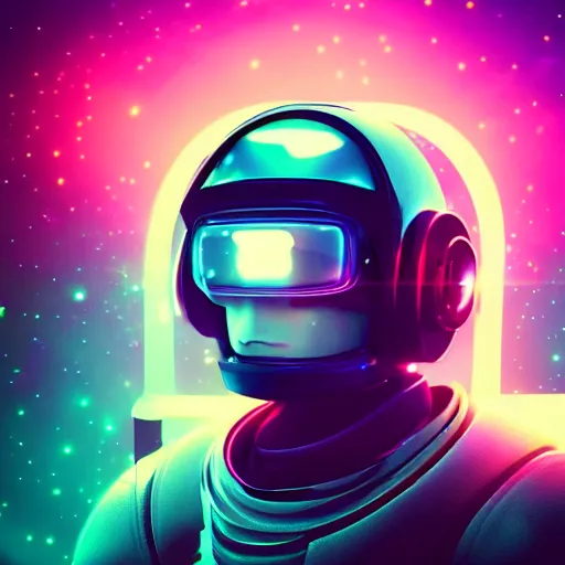 Image similar to cyberpunk astronaut bot, cinema 4 d, galaxy space sci - fi, wearing vr goggles, illustration, portrait, pastel neon textured background night, detailed,