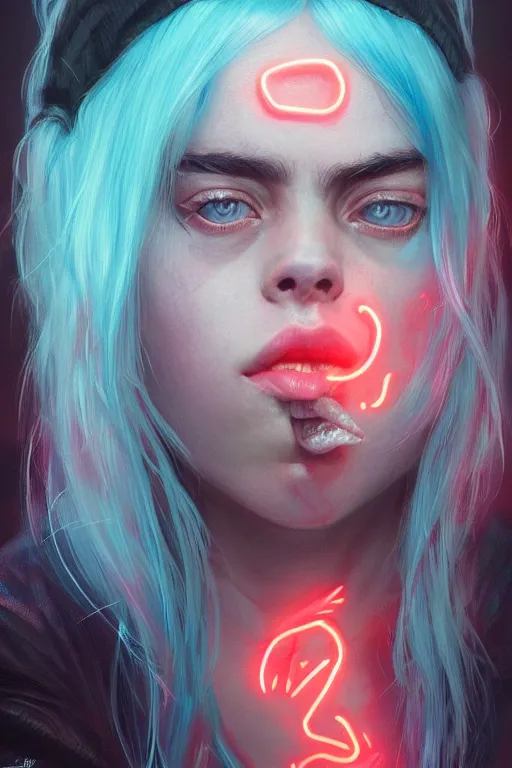 Image similar to portrait of a Billie eilish with a scaly skin and biotechnical parts and neon light by Artgerm and Greg Rutkowski , digital painting, highly detailed, trending on artstation