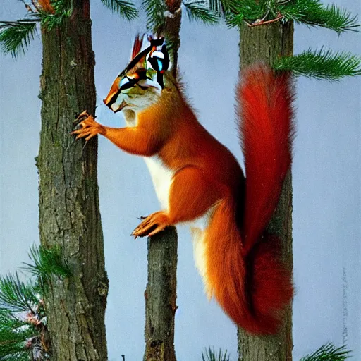 Prompt: elegant portrait of an anthropomorphic red squirrel on a pine tree by norman rockwell and james audubon, realistic, cinema 4 d, unreal engine, aesthetically pleasing, super high quality art, epic lighting, cinematic perspective.