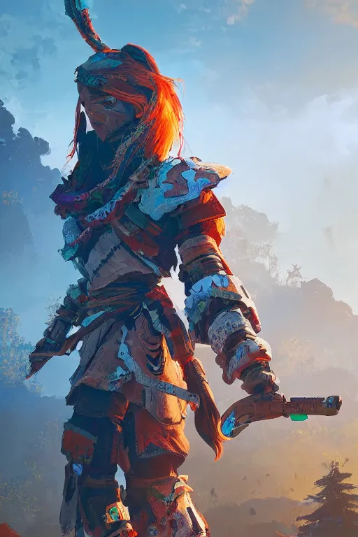 Image similar to combination suit armor aloy horizon forbidden west horizon zero dawn radiating a glowing aura global illumination ray tracing hdr fanart arstation by ian pesty and alena aenami artworks in 4 k tribal robot ninja mask helmet backpack