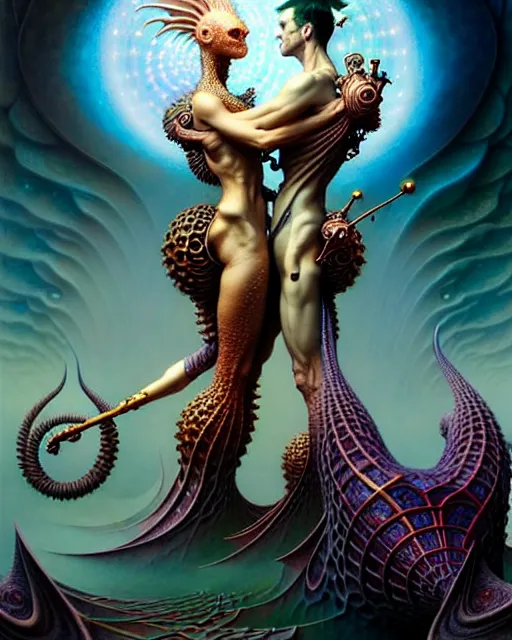 Prompt: two lovers embracing, tarot card, fantasy character portrait made of fractals, ultra realistic, wide angle, intricate details, the fifth element artifacts, highly detailed by peter mohrbacher, hajime sorayama, wayne barlowe, boris vallejo, aaron horkey, gaston bussiere, craig mullins