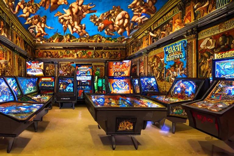 Prompt: the sistine chapel sanctuary converted into a retro videogame arcade with pinball tables, game cabinets, pachinko contraptions, crowded room of people playing