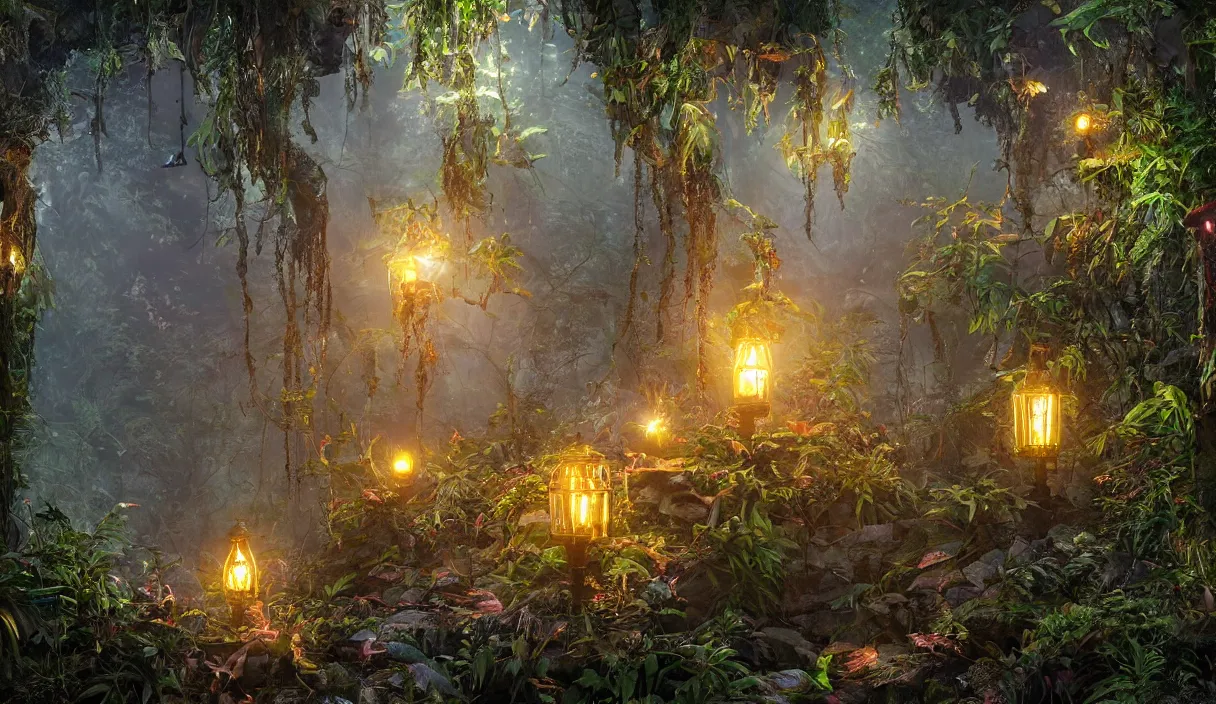 Image similar to jungle, path, lanterns, stars, torches, fireflies, bioluminescence, fire, fog, insane details, intricate, elite, ornate, elegant trend, highly detailed and intricate, sharp focus, photography, unreal engine, trending on artstation, photorealistic, octane, hyper detailed, trending on deviantart,