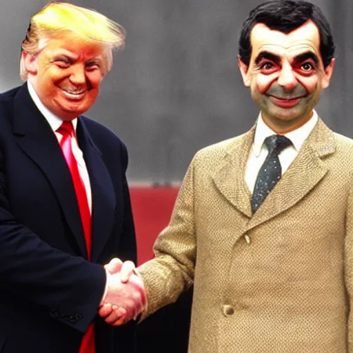 Image similar to mr bean shaking hands with donald trump