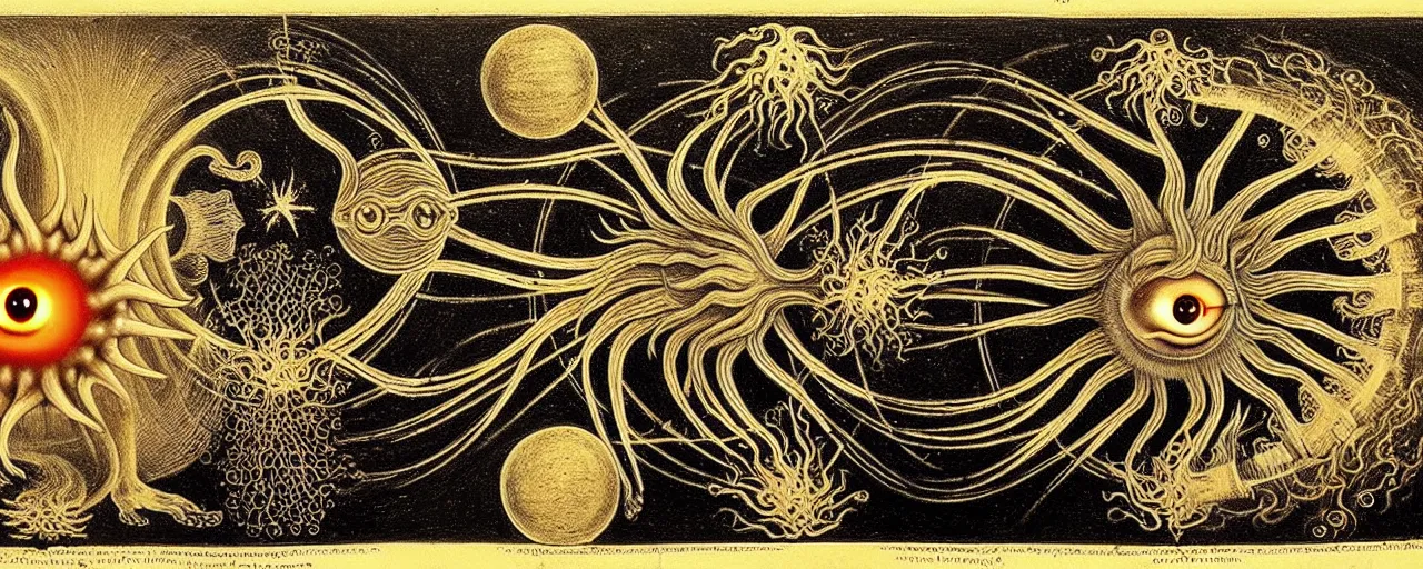 Image similar to a strange fire creature with endearing eyes radiates a unique canto'as above so below'while being ignited by the spirit of haeckel and robert fludd, breakthrough is iminent, glory be to the magic within, in honor of saturn, painted by ronny khalil