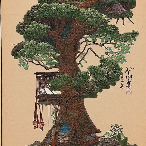 Prompt: ancient japanese colorful drawing of a seed growing into a tree house, ernst haeckel