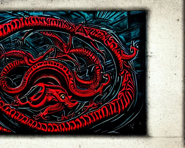 Image similar to a wall that has some lovecraftian graffiti on it inspired by wretched dragon rib cage. red and black colors. the art is horrific.