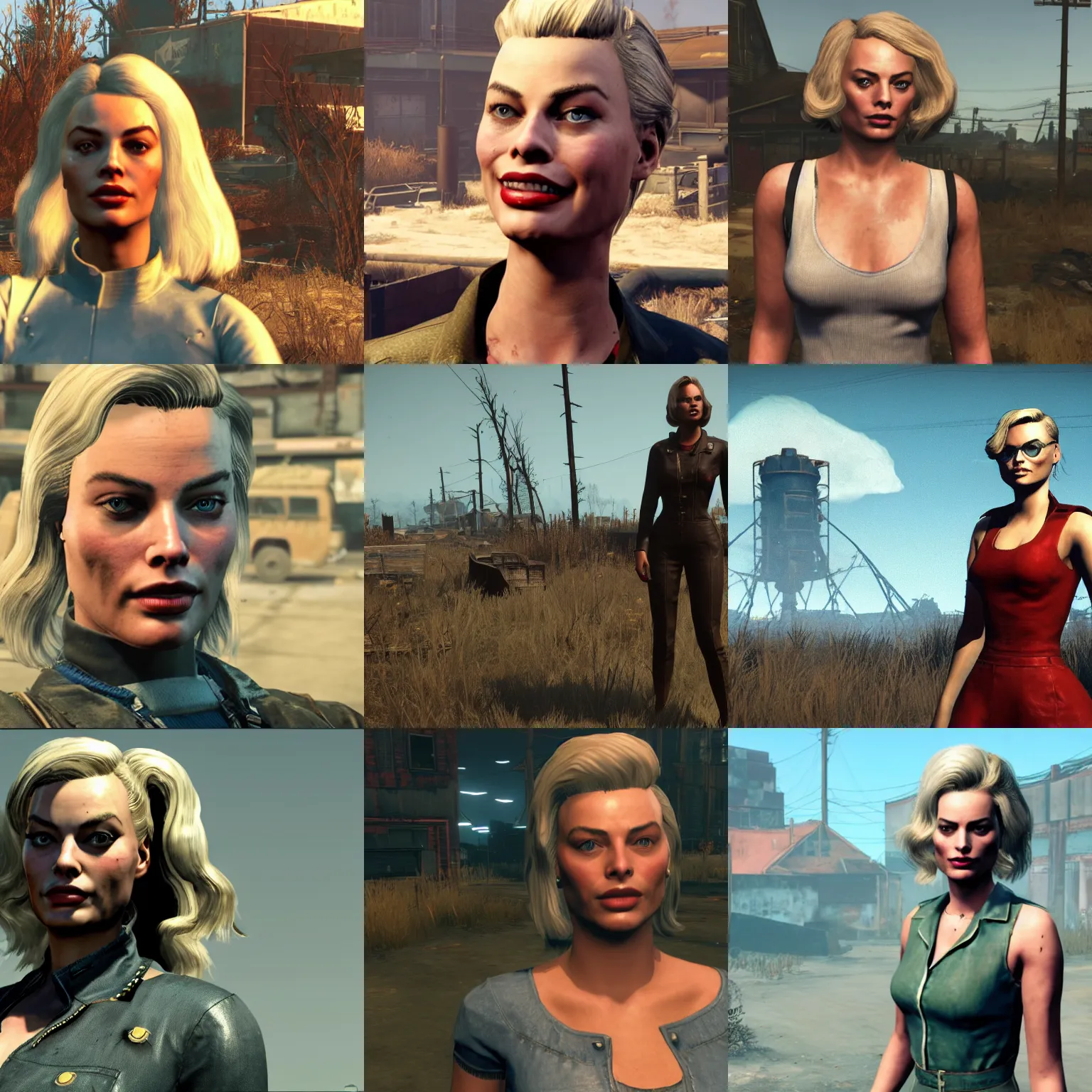 Prompt: Margot Robbie in Fallout 4 Screenshot Chat NPC