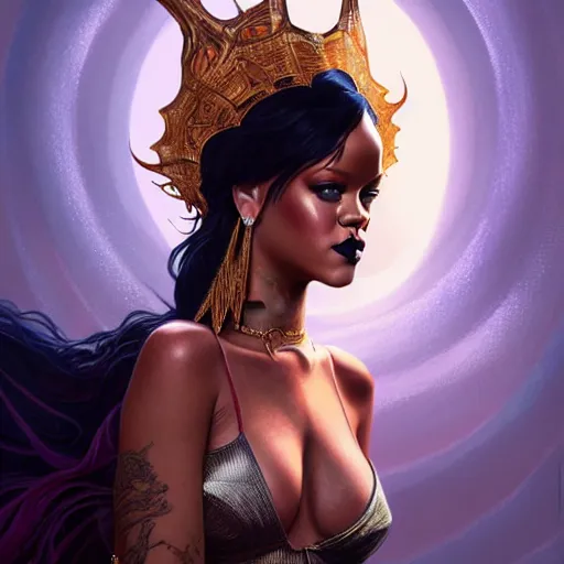 Image similar to Rihanna as a fantasy magic woman portrait, sci-fi, amber eyes, face, long hair, fantasy, intricate, elegant, highly detailed, digital painting, artstation, concept art, smooth, sharp focus, illustration, art by artgerm and greg rutkowski and alphonse mucha