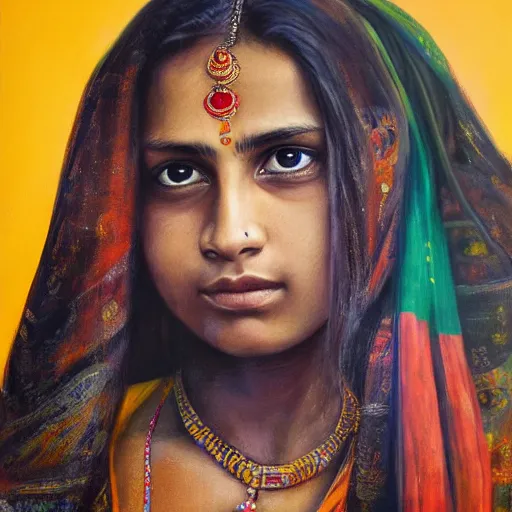 Image similar to stunning, breathtaking, awe - inspiring award - winning concept art portrait painting by steve mccurry of a beautiful young hindu woman warrior with short, wavy hair, wearing a colorful sari