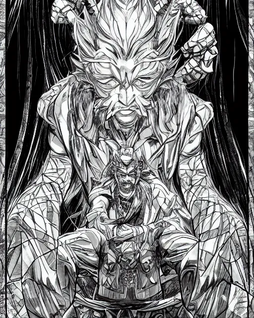 Image similar to An old man looking into a mirror, black and white, fantasy art, in the style of masami kurumada, illustration, epic, fantasy, intricate, hyper detailed, artstation, concept art, smooth, sharp focus, ray tracing