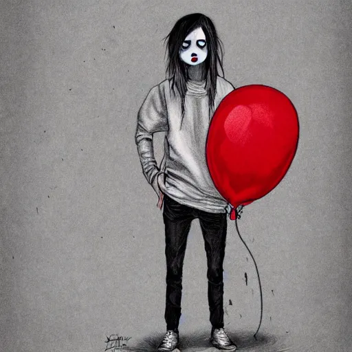 Image similar to surrealism grunge cartoon portrait sketch of billie eilish the slender man with a wide smile and a red balloon by - michael karcz, loony toons style, pennywise style, horror theme, detailed, elegant, intricate