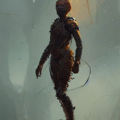 Prompt: a woman armour made out of darwin's bark spider silk by greg rutkowski, full protrait