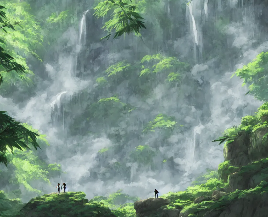 Image similar to two figures grappling in a misty japanese bamboo forest, cell shaded, huge waterfall, large rocky mountain, drawing, stylized anime, sun rays, soft, by hayao miyazaki, ghibli studio, makoto shinkai, toei animation, studio trigger, trending on artstation, 4 k, hd