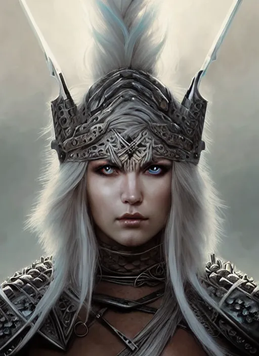 Image similar to barbarian, plated armor!!! long wild white hair!! fantasy, d & d, intricate ornate details, digital painting, beautiful eyes!, pretty face!!, symmetry, concept art, sharp focus, illustration, art by artgerm! greg rutkowski magali villeneuve wlop! ilya kuvshinov!!, octane render