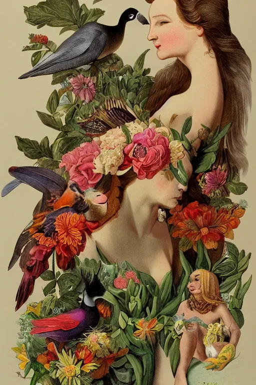 Image similar to beautiful girl Amalgamation with flowers, fruits, birds by Beto Val, John James Audubon, vintage illustration, bizarre compositions, Exquisite detail