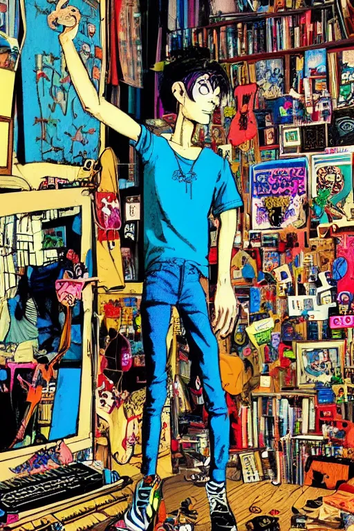 Prompt: a skinny goth guy standing in a cluttered 9 0 s bedroom by jamie hewlett, jamie hewlett art, full body character concept art, vaporwave colors, digital painting,