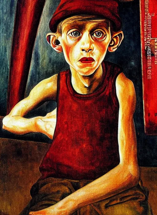 Prompt: detailed painting of a boy in a hall by otto dix, rich deep colors. masterpiece