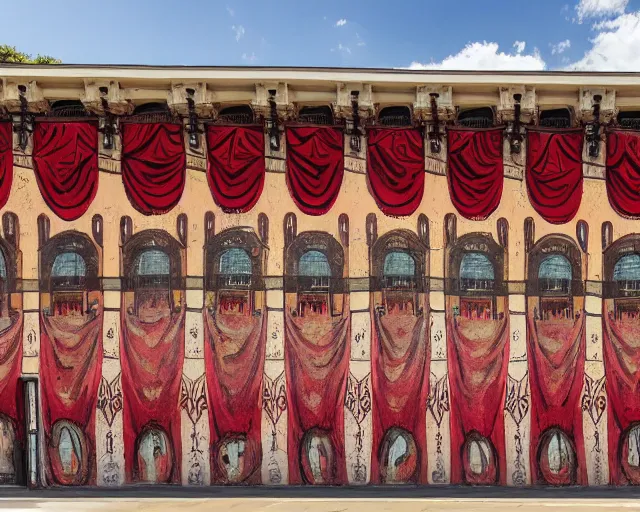 Image similar to photo of an outdoor mural of an opera house from the early 1 9 0 0 s in the style of art nouveau, red curtains, art nouveau design elements, art nouveau ornament, opera house architectural elements, painted on a brick wall, outdoor mural, mucha, masonic symbols, masonic lodge