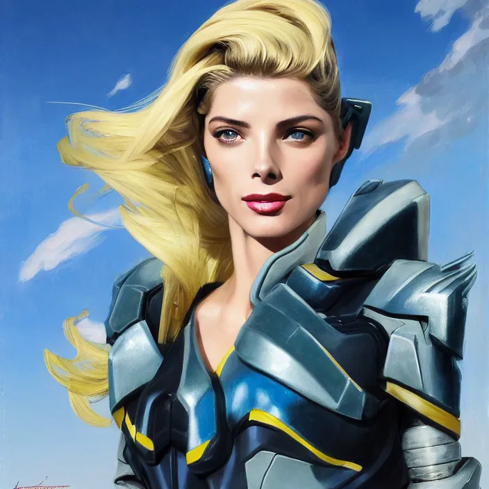 Image similar to A combination of Adriana Dxim's and Grace Kelly's and Ashley Greene's appearances with blonde hair wearing Interceptor's armor from Anthem, countryside, calm, fantasy character portrait, dynamic pose, above view, sunny day, thunder clouds in the sky, artwork by Jeremy Lipkin and Giuseppe Dangelico Pino and Michael Garmash and Rob Rey and Greg Manchess and Huang Guangjian, very coherent asymmetrical artwork, sharp edges, perfect face, simple form, 100mm