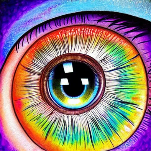 Image similar to higly detailed painting of human eye, in the style of lisa frank, fibonacci, surreal, photorealistic, studio ghibli, art nouveau