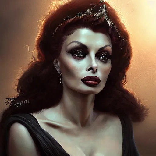 Image similar to closeup portrait of a young and beautiful sophia loren in gothic clothing, dramatic light, gorgeous view, depth, high detail, digital art, painted by greg rutkowski and seb mckinnon, by tim burton, trending on artstation