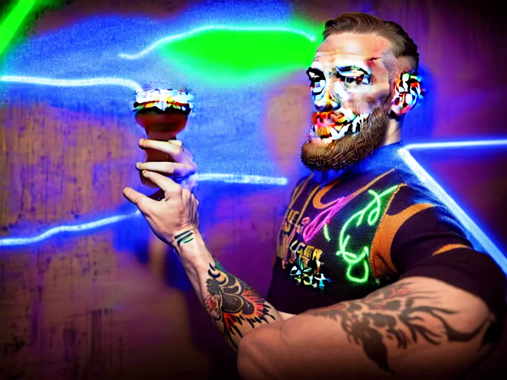 Prompt: a well framed portrait of conor mcgregor drinking a beer in an irish pub with a neon bar, laser show with blue cloud patterns, trending on art station, in the style of the movie heat with al pacino, volumetric lighting & shadows, digital art, unreal engine, 4 0 0 mm f 1. 2,