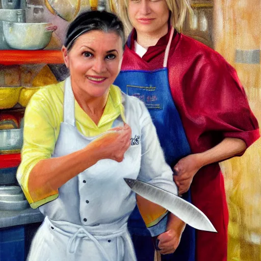 Image similar to woman with pointed ears and short blonde hair, standing in the rain wearing a kitchen maid's uniform and holding a chef's knife, fantasy, character portrait, hyper realism, colorful, oil painting