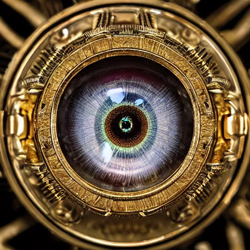 Image similar to a macro photo of a gold and silver mechanical eye, close - up, large intricate iris with gears and inside, intricate gears and lenses and filaments, intricately detailed engravings, intricately detailed markings, intricate textures, warm lighting, vivid colors, realistic octane render, hyper realistic render, volumetric shading, depth of field, raytracing, 8 k,