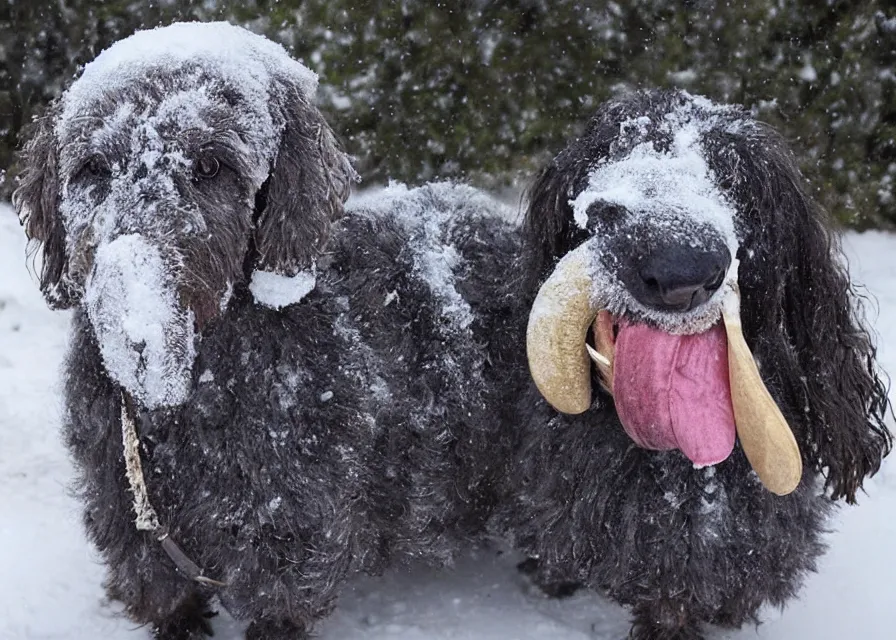 Image similar to Giant woolly dachshund with tusks, in the middle of a snow storm