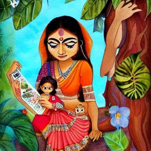 Image similar to beautiful indian woman and cute sloth investigate crime together, illustrated, children's book, high detail cartoon, colourful, watercolour