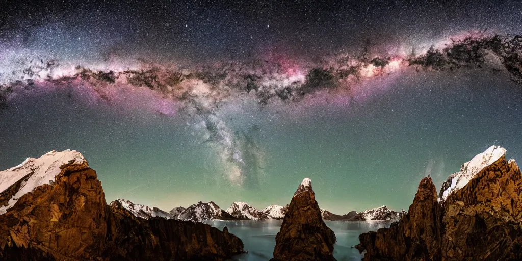 Image similar to Galactic arch, snowy mountains and lakes, in the style of National Geographic magazine, astronomical photography