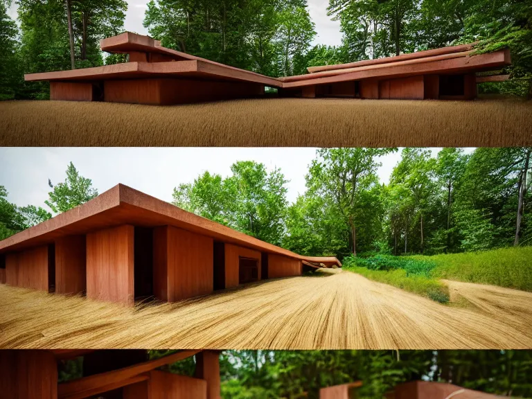 Prompt: hyperrealism design by frank lloyd wright and kenzo tange photography of beautiful detailed small house with many details around the forest in small detailed ukrainian village depicted by taras shevchenko and wes anderson and caravaggio, wheat field behind the house, volumetric natural light