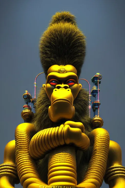 Prompt: high quality 3 d render hyperrealistic cyberpunk hanuman head building, neon yellow madhubani, highly detailed, in sci - fi mumbai, unreal engine cinematic smooth, liam wong, moody light, low angle, uhd 8 k, sharp focus