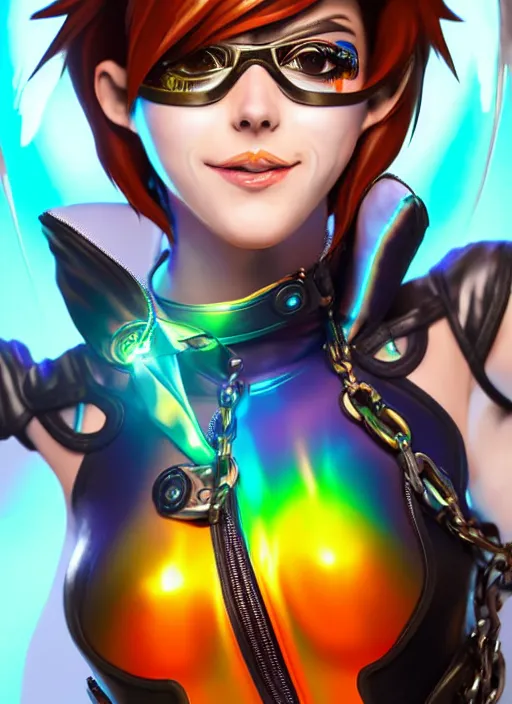 Image similar to portrait bust digital artwork of tracer overwatch, wearing iridescent rainbow latex and leather straps catsuit outfit, expressive happy face, makeup, in style of mark arian, angel wings, wearing detailed leather collar, chains, black leather harness, detailed face and eyes,