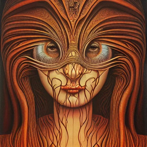 Image similar to monalisa by jacek yerka, alex gray, zdzisław beksiński, dariusz zawadzki, jeffrey smith and h.r. giger, oil on canvas, 8k highly professionally detailed, trending on artstation